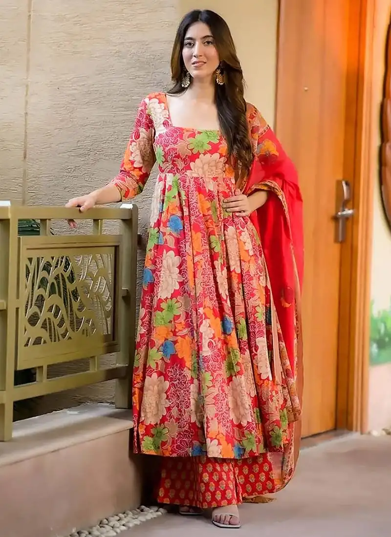 Pink digital printed maslin anarkali palazzo style stitched