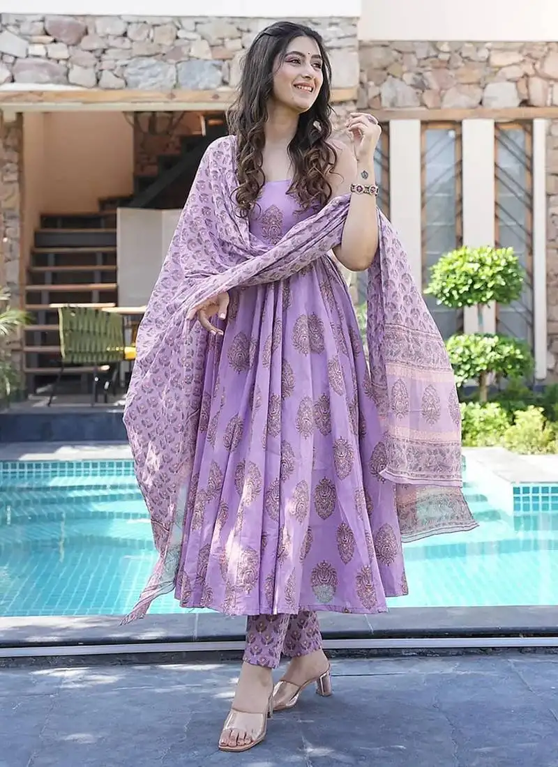 Lavender digital printed maslin anarkali palazzo style stitched