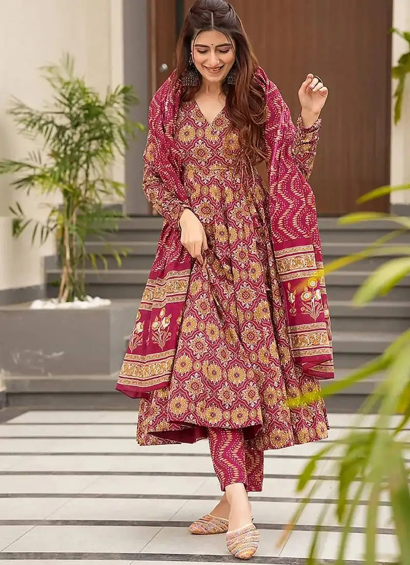 Burgundy digital printed maslin anarkali palazzo style stitched