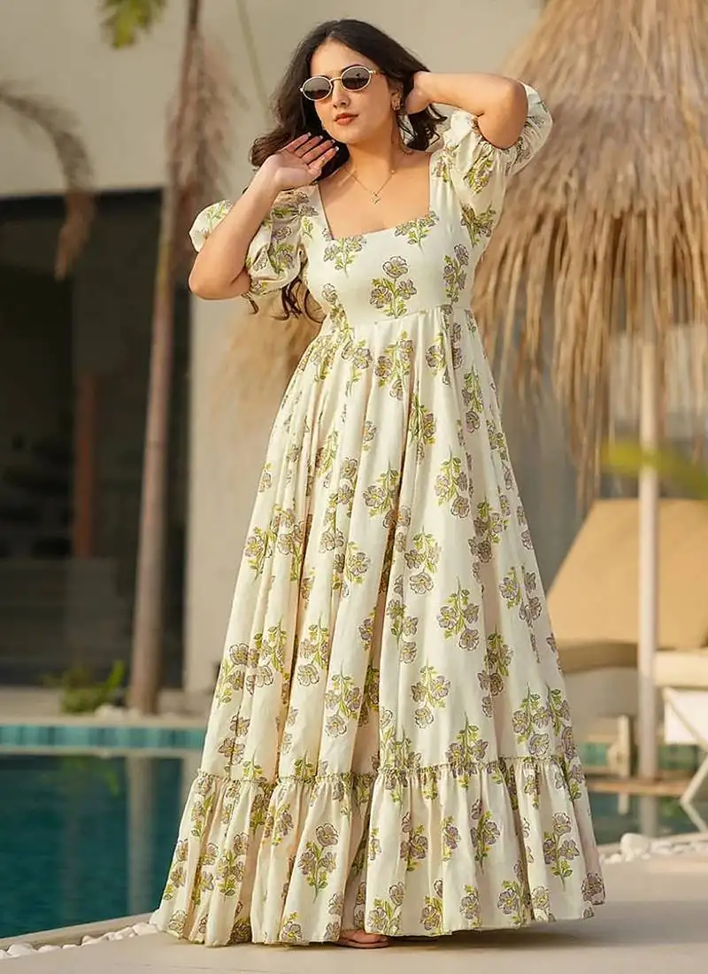 Off white heavy digital printed rayon gown style stitched