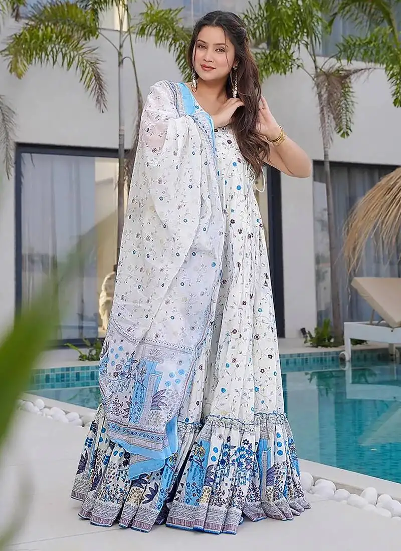 White heavy digital printed rayon gown style stitched