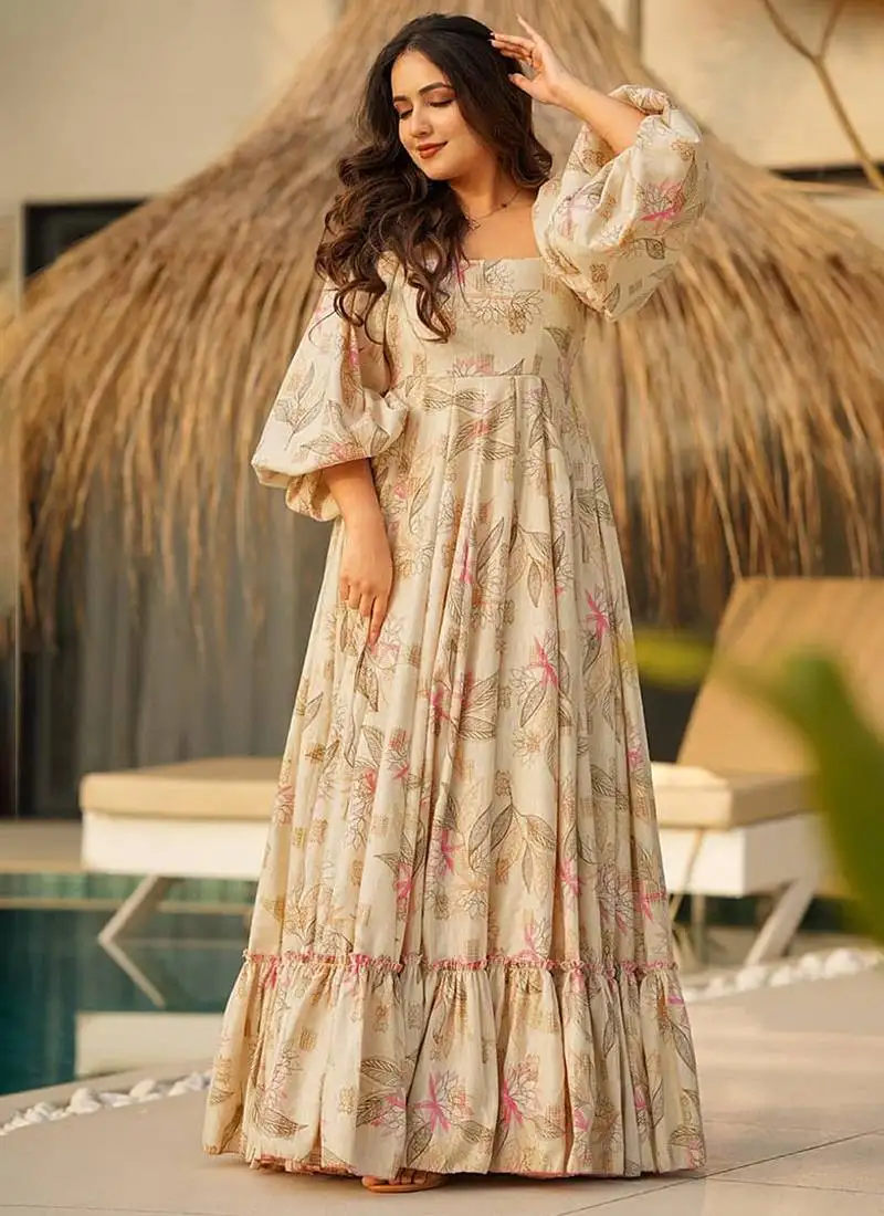 Beige heavy digital printed rayon gown style stitched