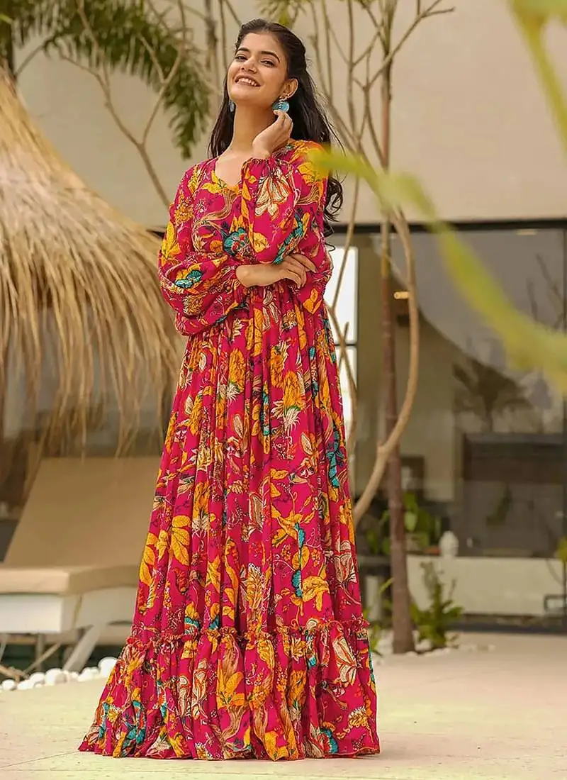 Megenta heavy digital printed heavy airtex chinon gown style stitched