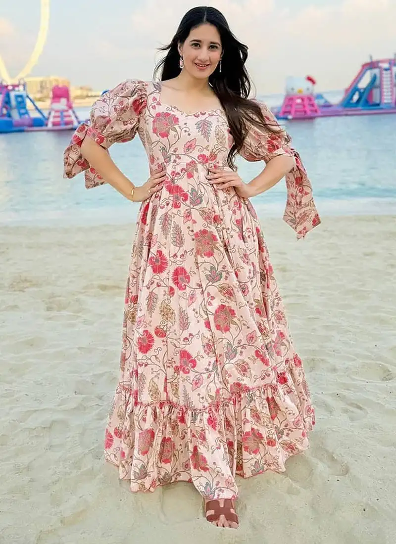 Peach heavy digital printed rayon gown style stitched