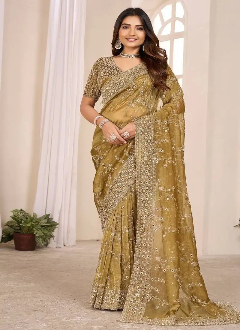 Gold embroidered georgette saree