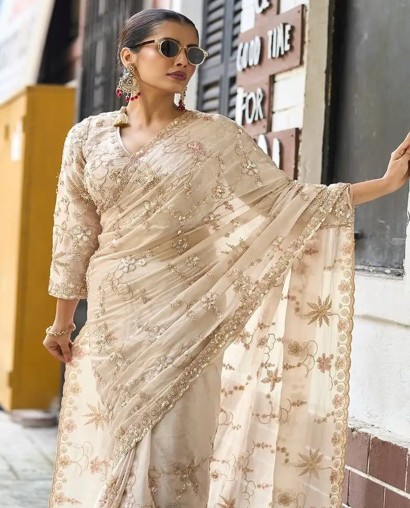 Chiku embroidered banarasi tissue saree