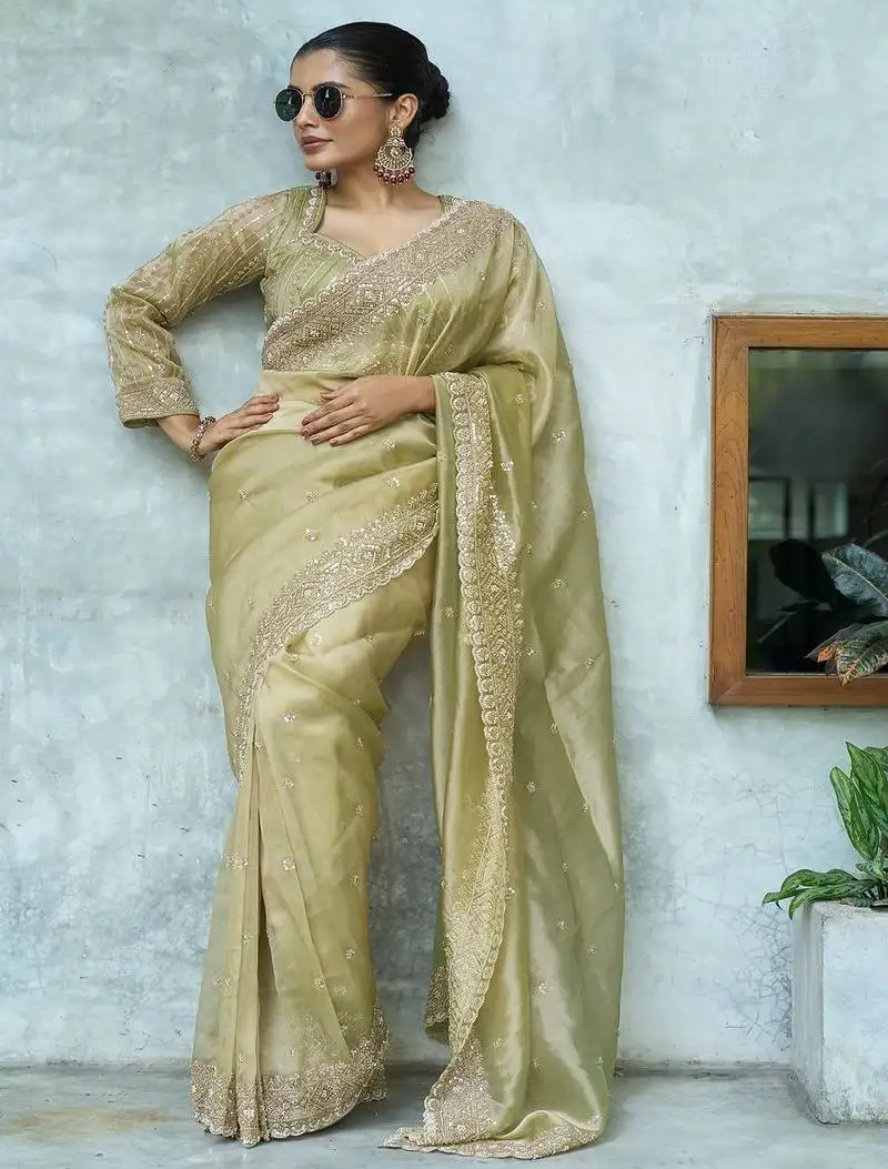 Pista embroidered banarasi silk saree