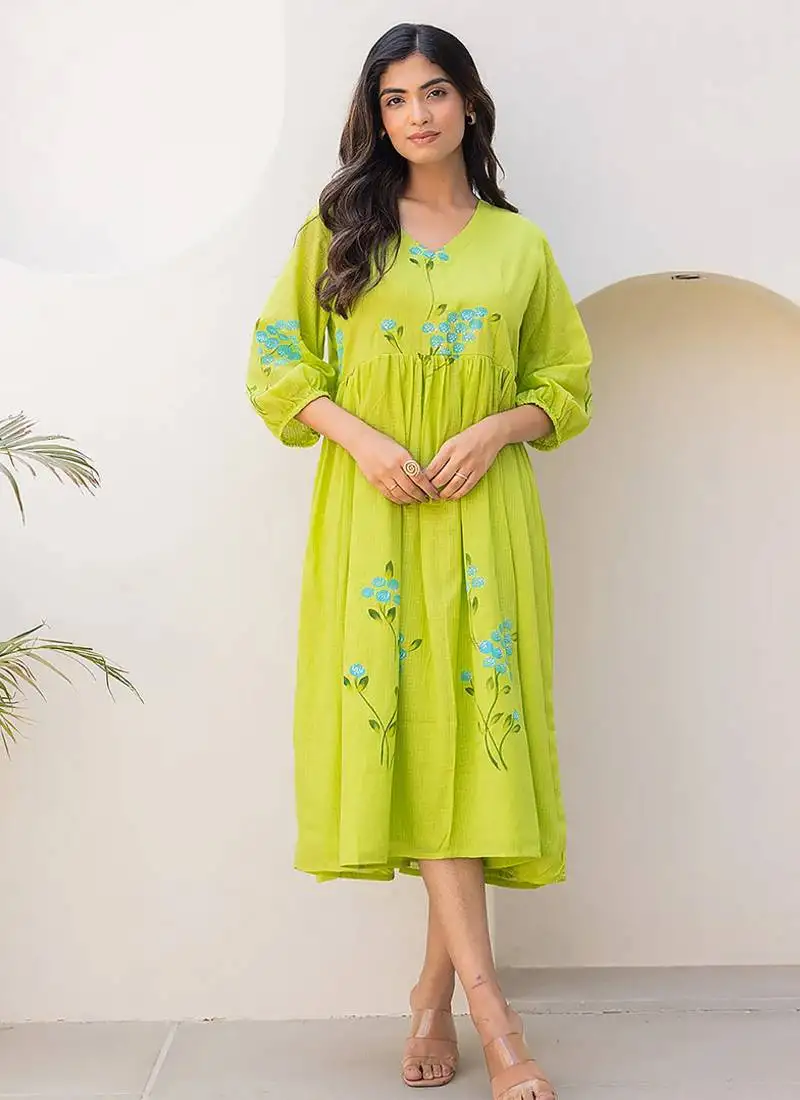 Lemon green digital print full round flair kota checks kurti