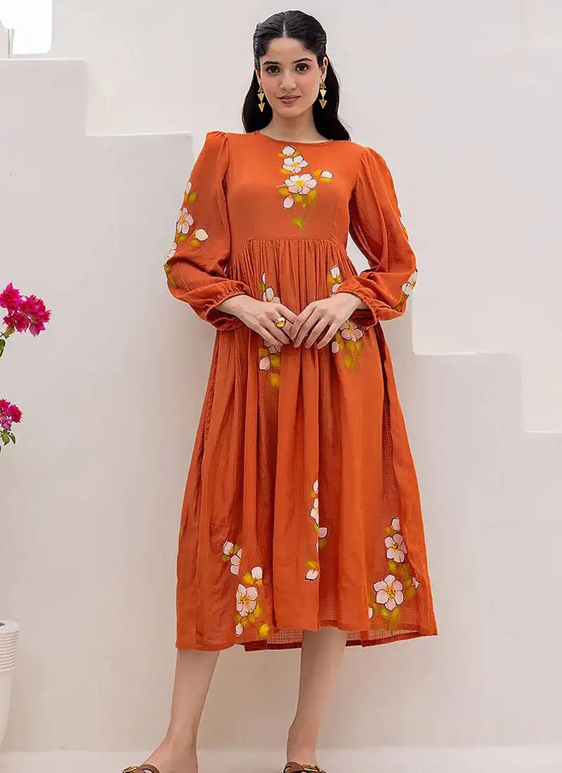 Rust orange digital print full round flair kota checks kurti