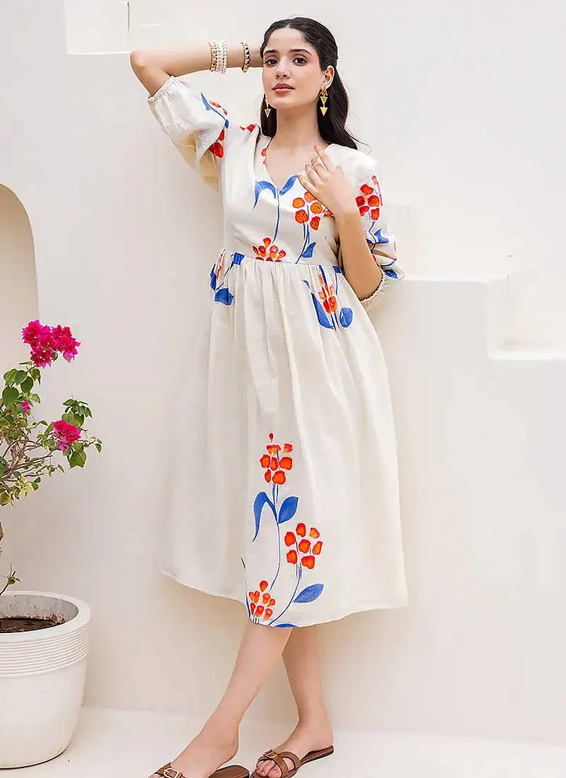 Off white digital print full round flair kota checks kurti