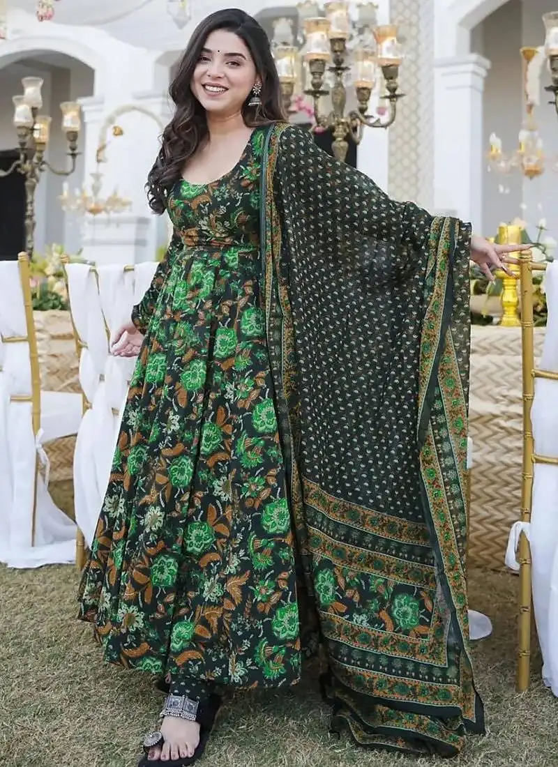 Drak green heavy digital printed maslin anarkali style stitched