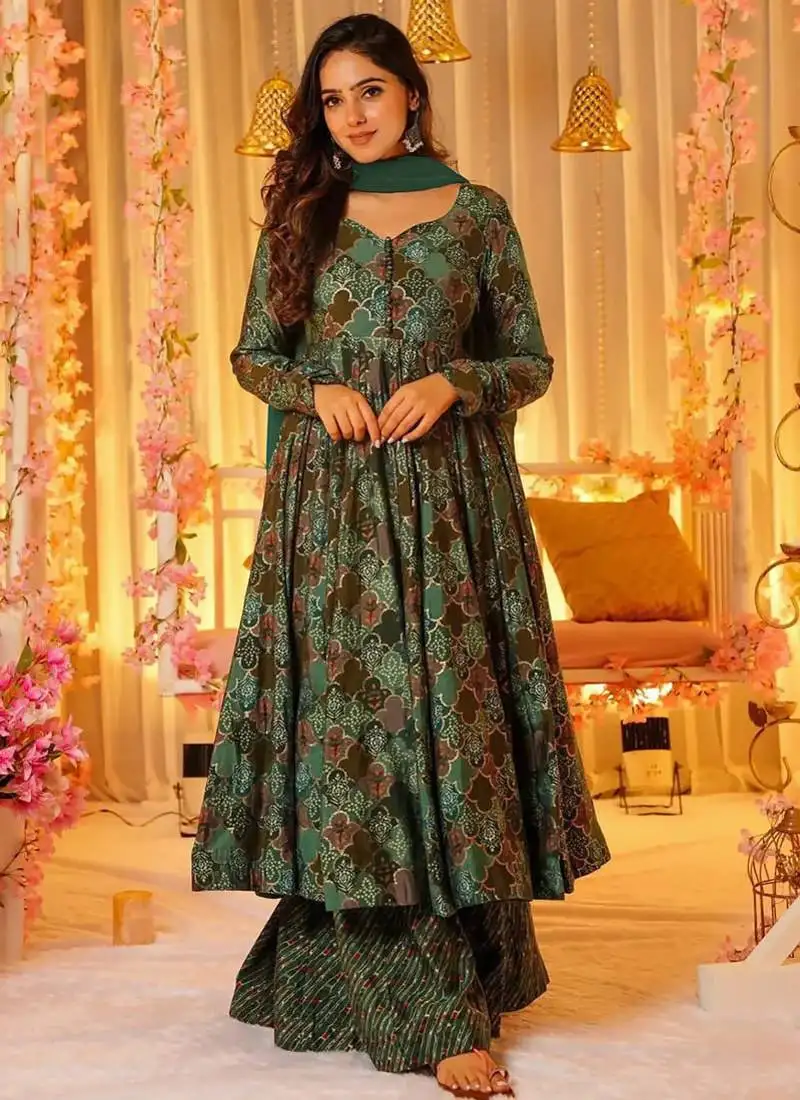 Green heavy digital printed maslin anarkali palazzo style stitched