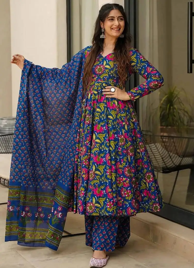 Blue heavy digital printed maslin anarkali palazzo style stitched