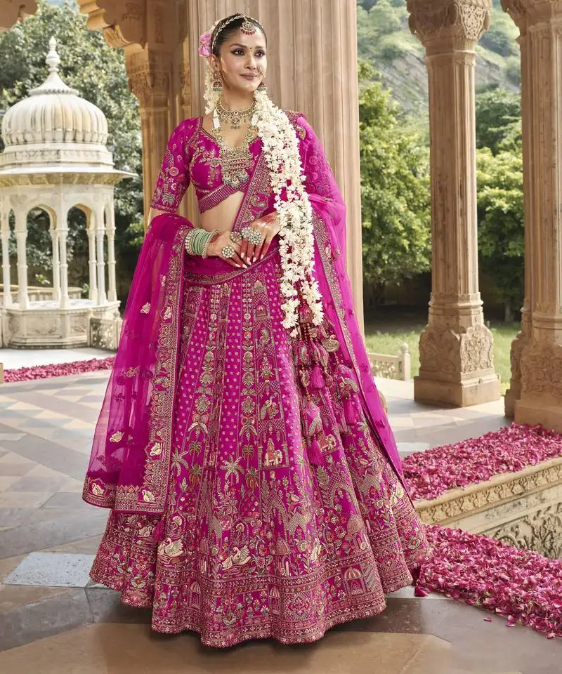 Pink premium silk bridal lehenga with hand embroidery & zarkan work for wedding