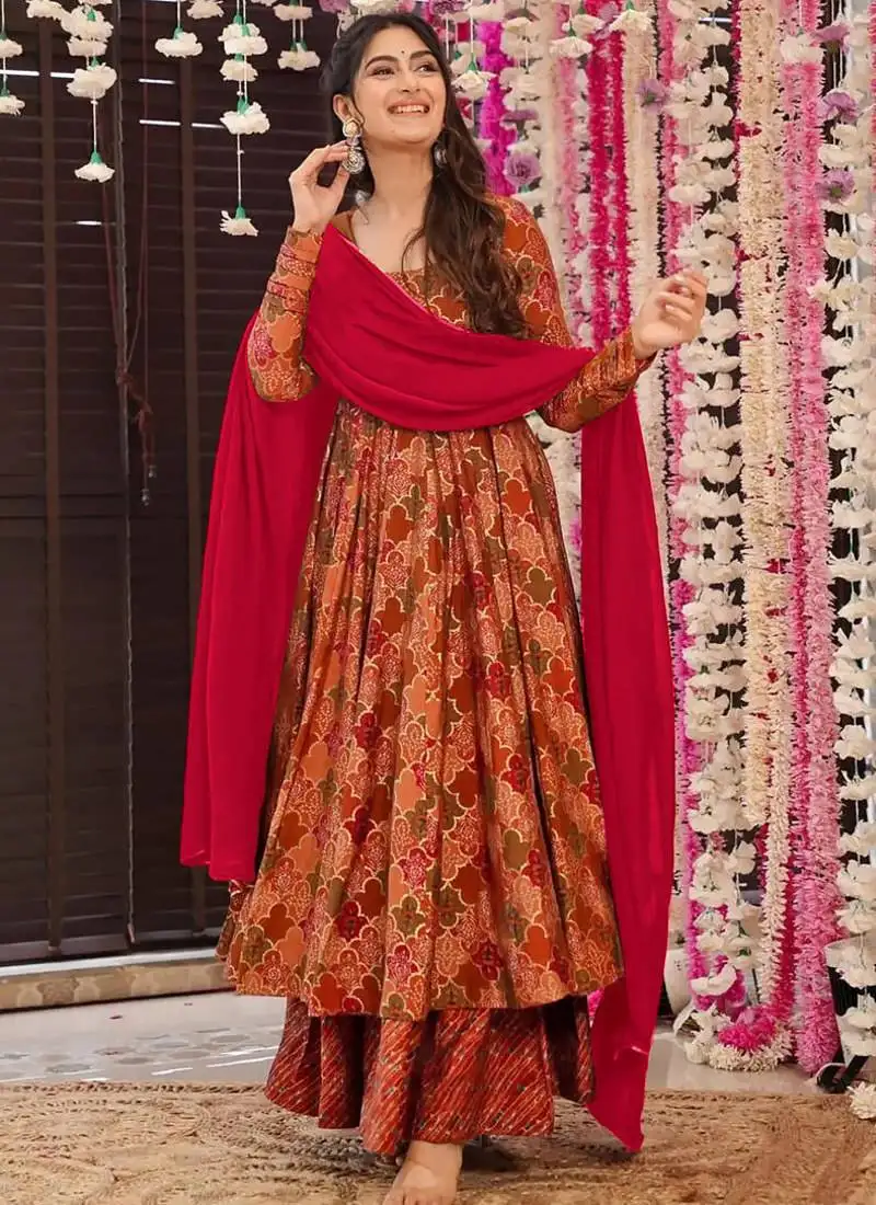 Orange heavy digital printed maslin anarkali palazzo style stitched