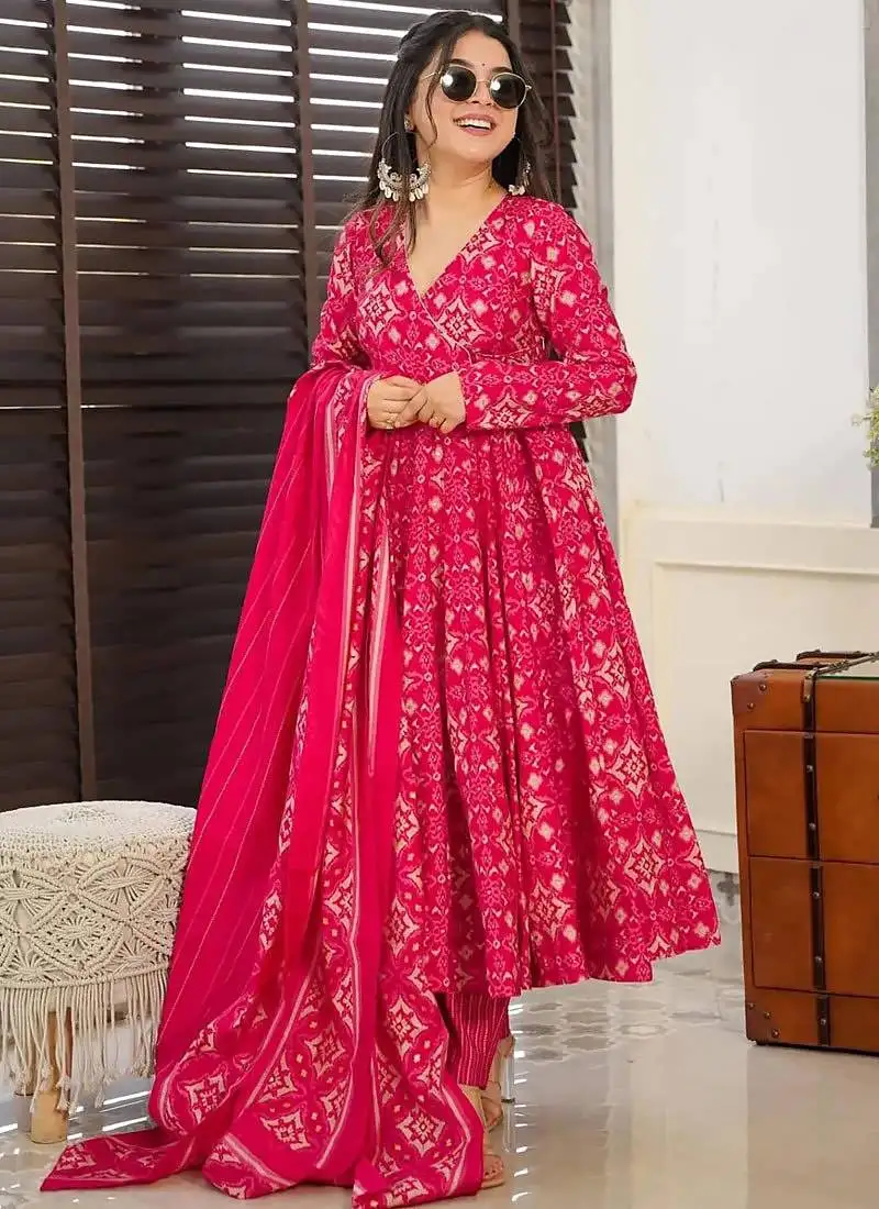 Pink heavy digital printed maslin anarkali style stitched