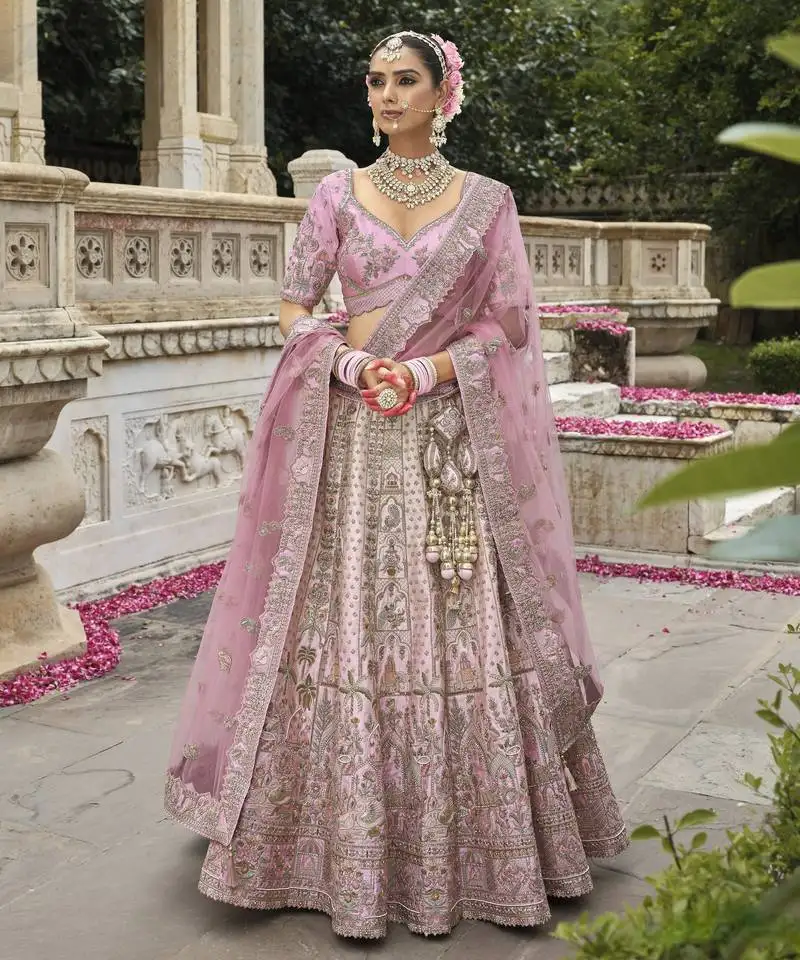 Baby pink premium silk bridal lehenga with hand embroidery & zarkan work for wedding