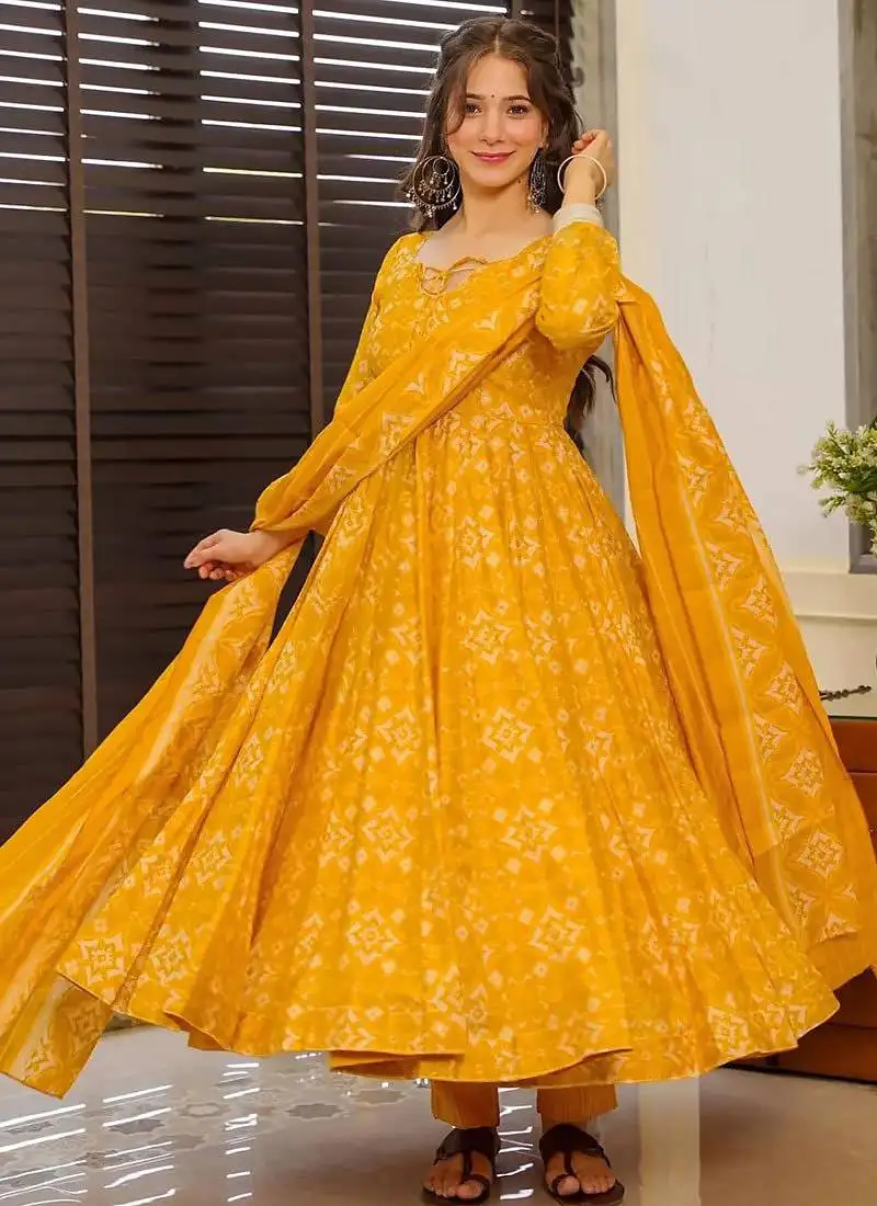 Yellow heavy digital printed maslin anarkali style stitched