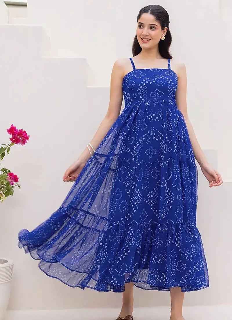 Blue heavy digital printed faux georgette gown style