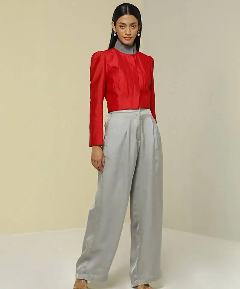 Red plain silk jacket set