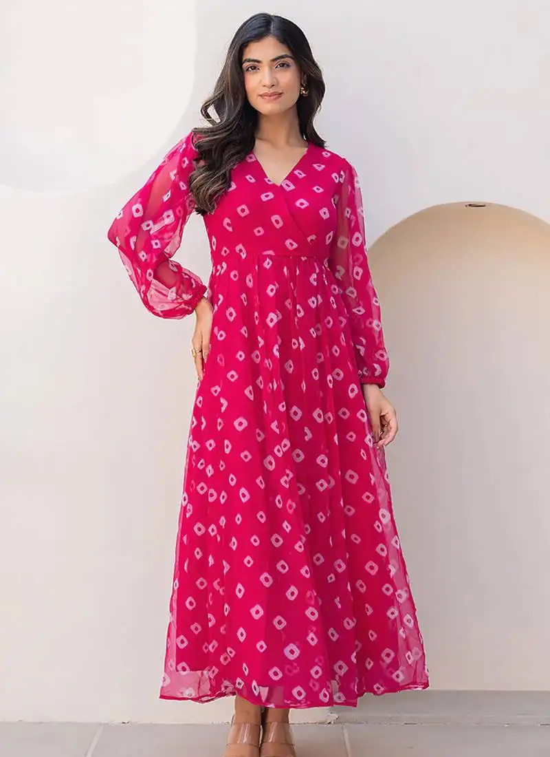Pink heavy digital printed faux georgette gown style