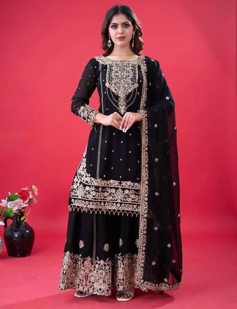 Black color faux georgette embroidery work sharara set stitched