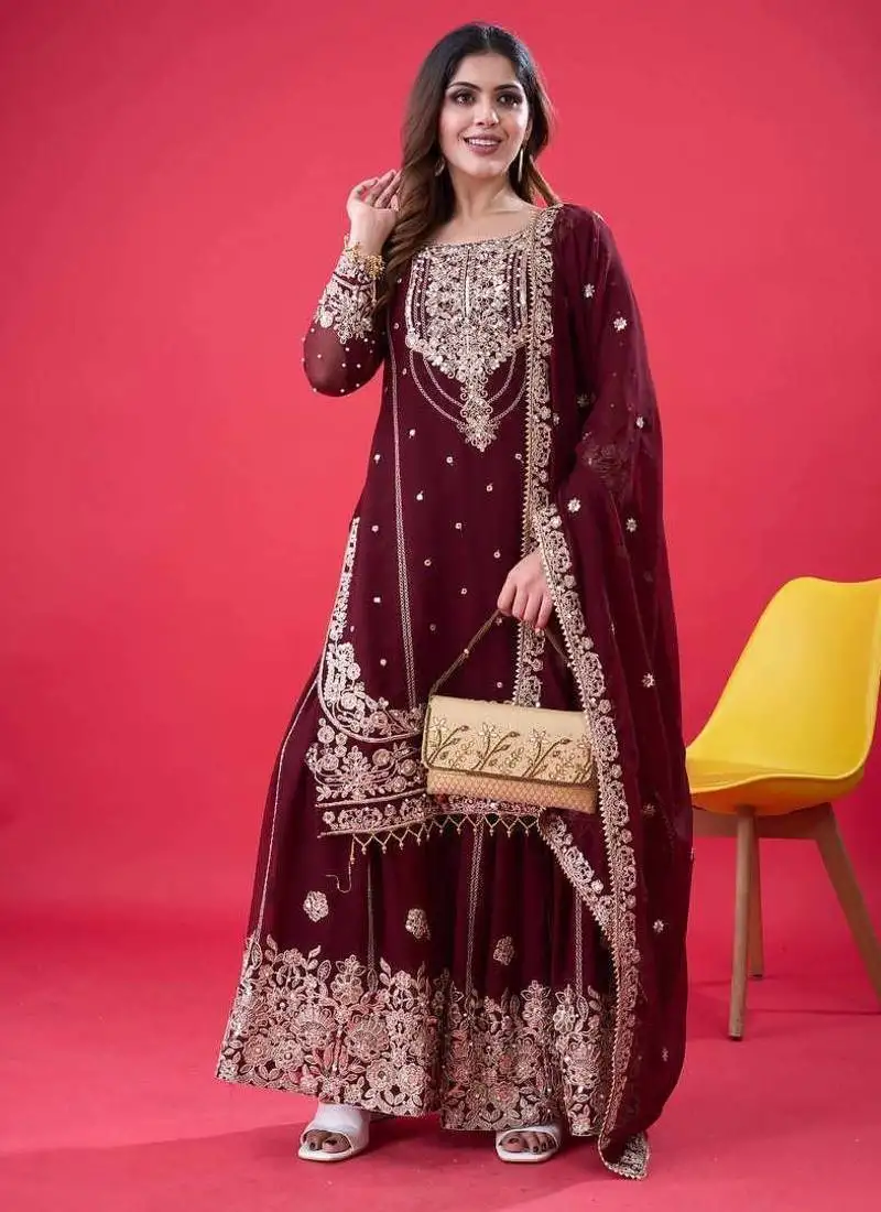 Maroon color faux georgette embroidery work sharara set stitched
