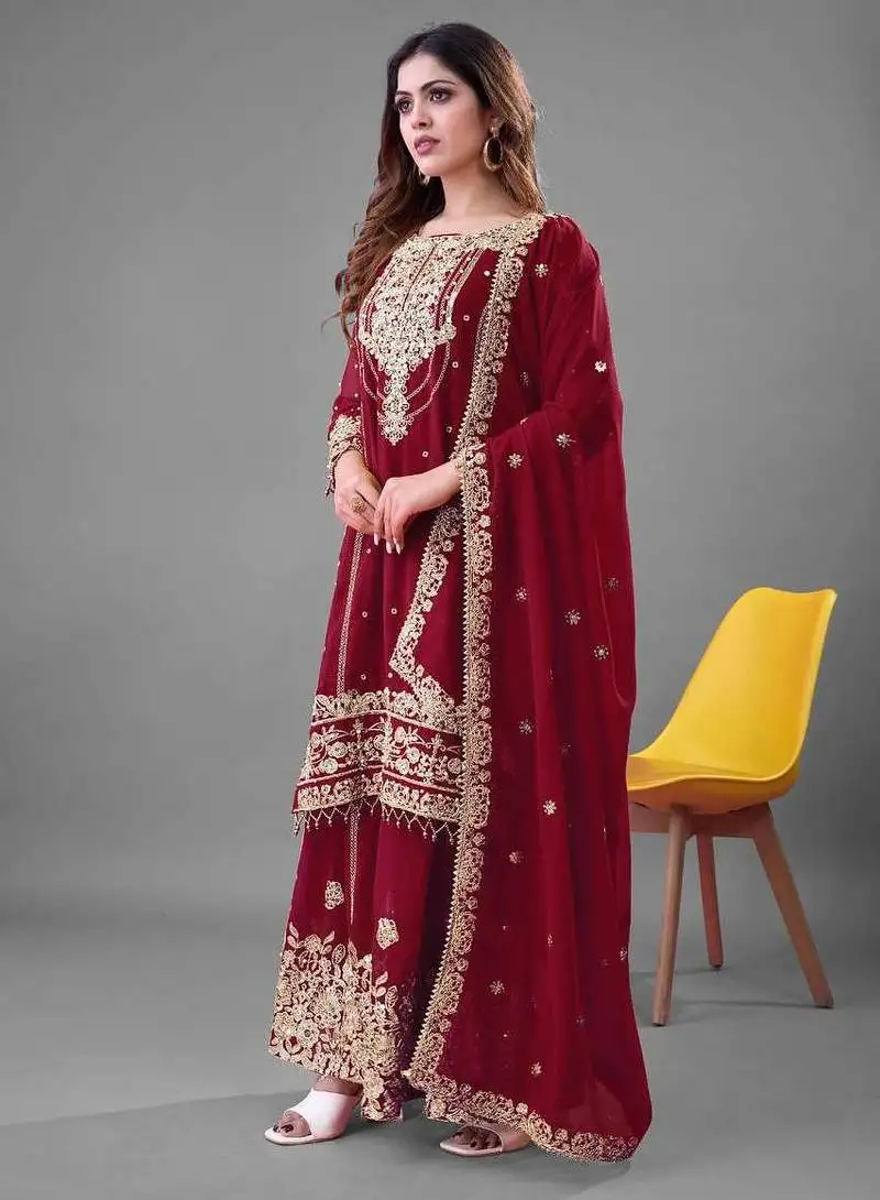 Red color faux georgette embroidery work sharara set stitched