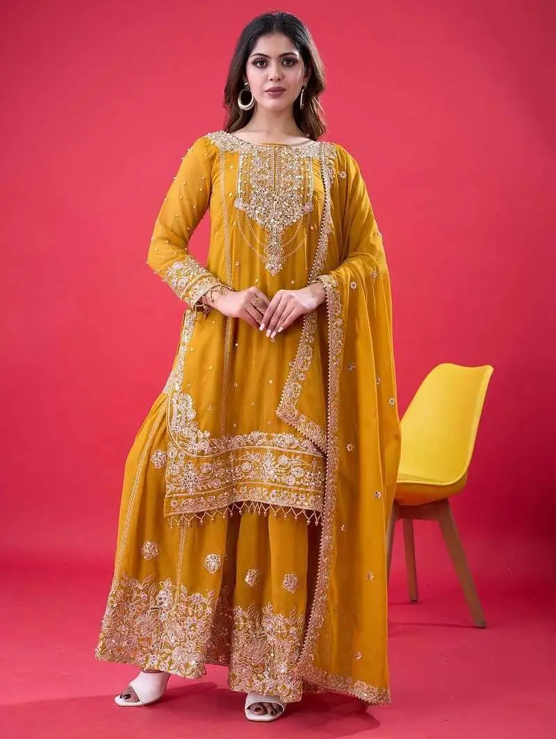 Yellow color faux georgette embroidery work sharara set stitched