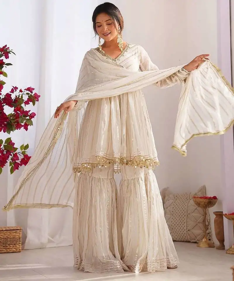 White color mal chnaderi silk mirror work and hand work sharara set stitched