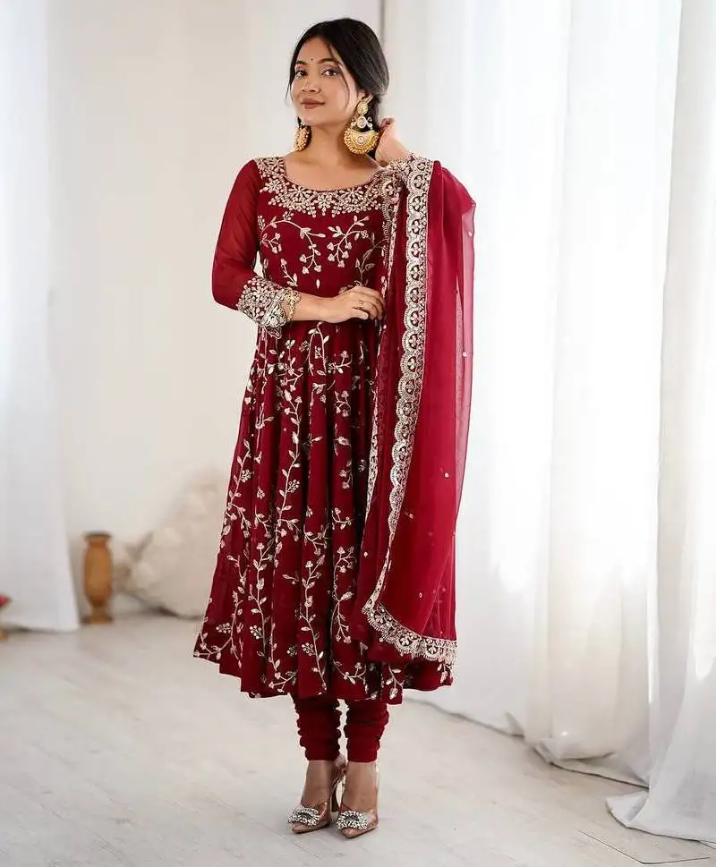 Maroon color hevay faux georgette embroidery work gown stitched