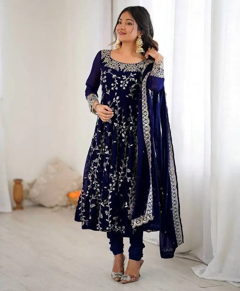 Blue color hevay faux georgette embroidery work gown stitched