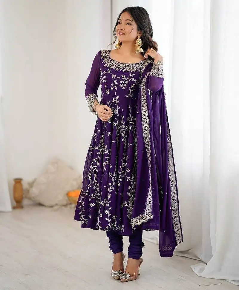 Purple color hevay faux georgette embroidery work gown stitched