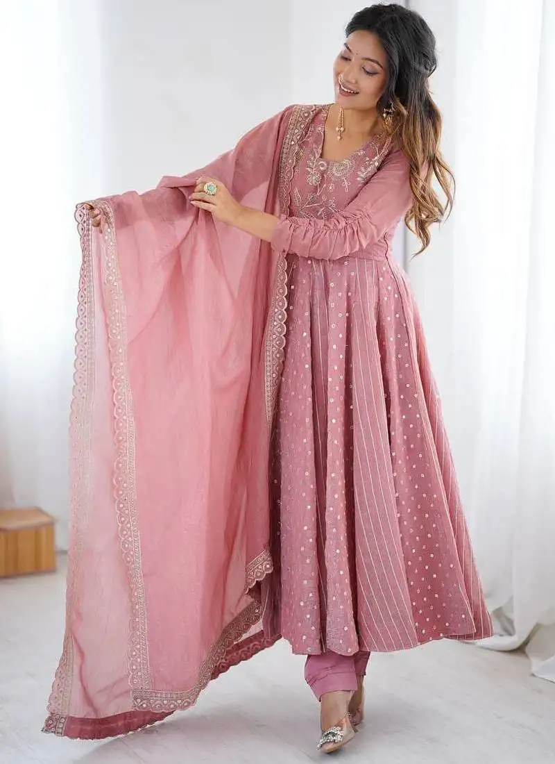Baby pink color heavy crunchy silk embroidery work gown stitched