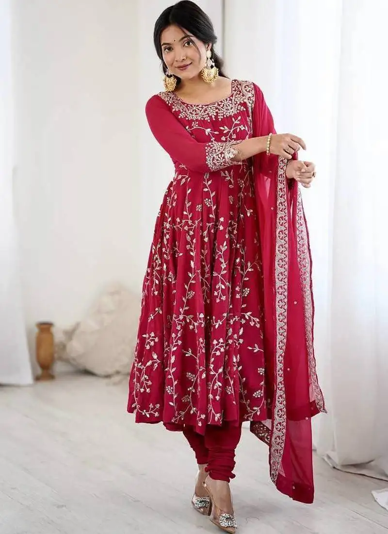 Red color hevay faux georgette embroidery work gown stitched