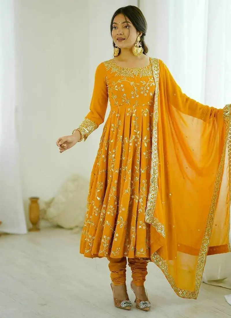 Yellow color hevay faux georgette embroidery work gown stitched