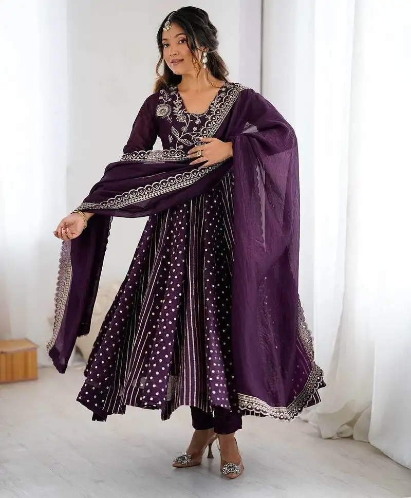 Violet color heavy crunchy silk embroidery work gown stitched
