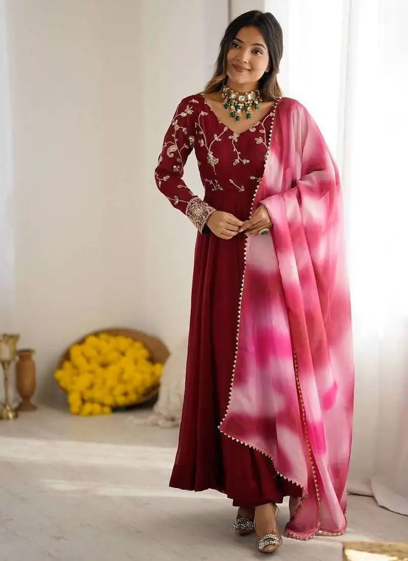 Maroon color crunchy silk embroidery work gown stitched