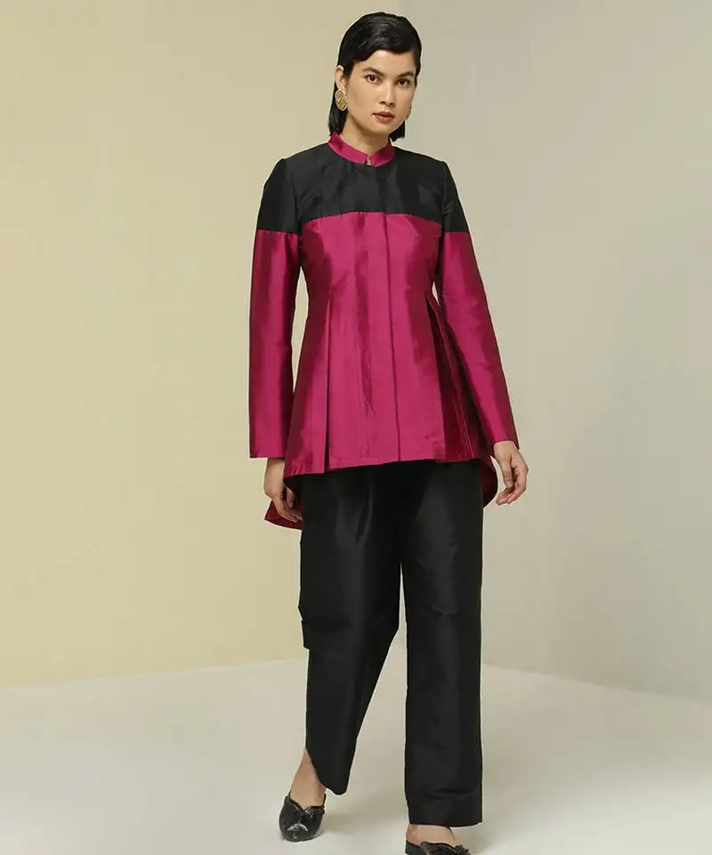 Pink plain silk jacket set