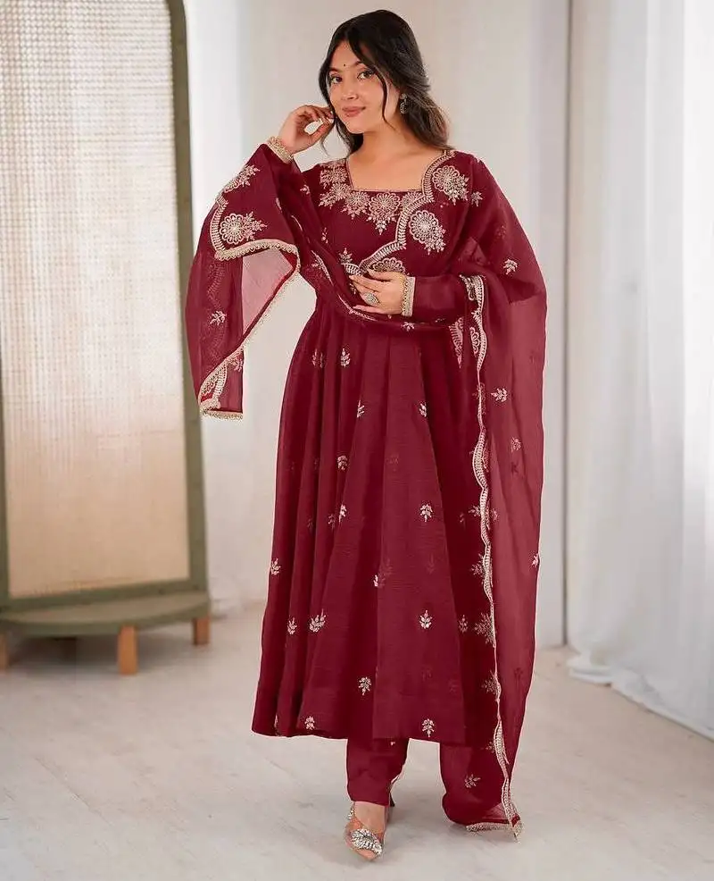 Maroon color crunchy silk embroidery work wedding wear gown stitched