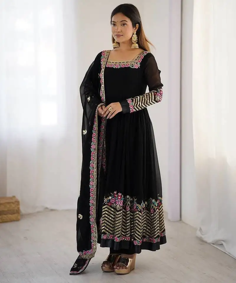 Black color heavy georgette wedding wear embroidery work long gown stitched