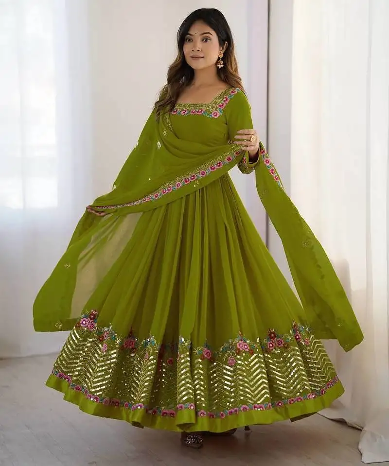 Green color heavy georgette wedding wear embroidery work long gown stitched