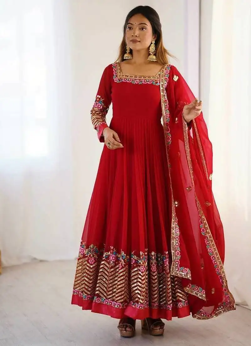 Red color heavy georgette wedding wear embroidery work long gown stitched