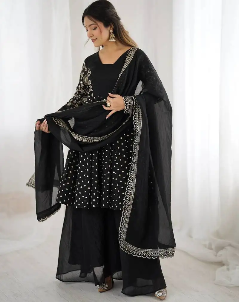 Black color crunchy silk embroidery work wedding wear salwar suit stitched