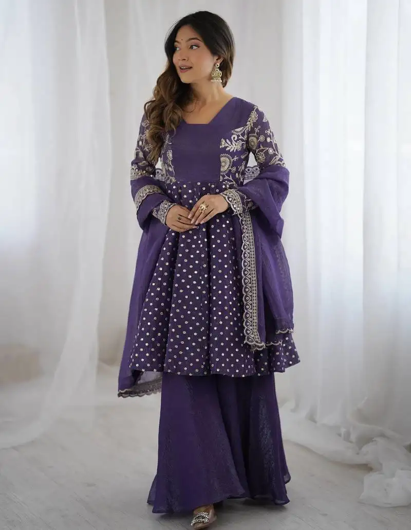 Lavender color crunchy silk embroidery work wedding wear salwar suit stitched