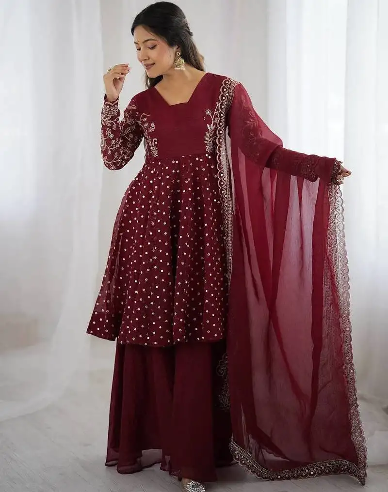 Maroon color crunchy silk embroidery work wedding wear salwar suit stitched