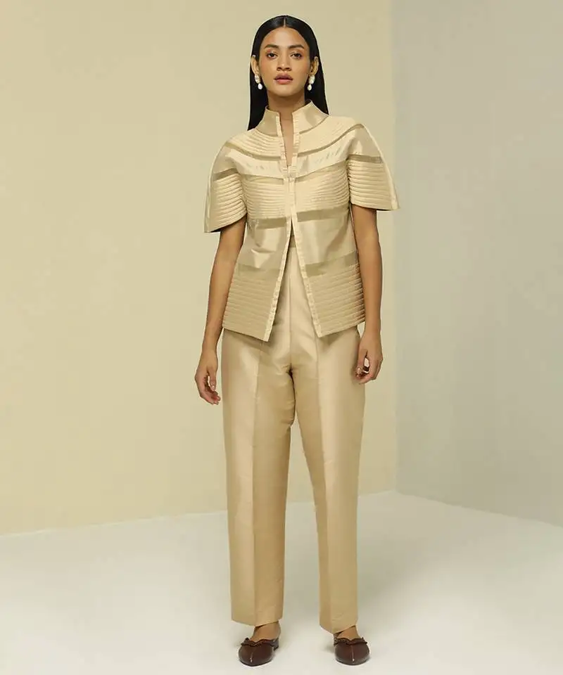 Gold plain silk jacket set