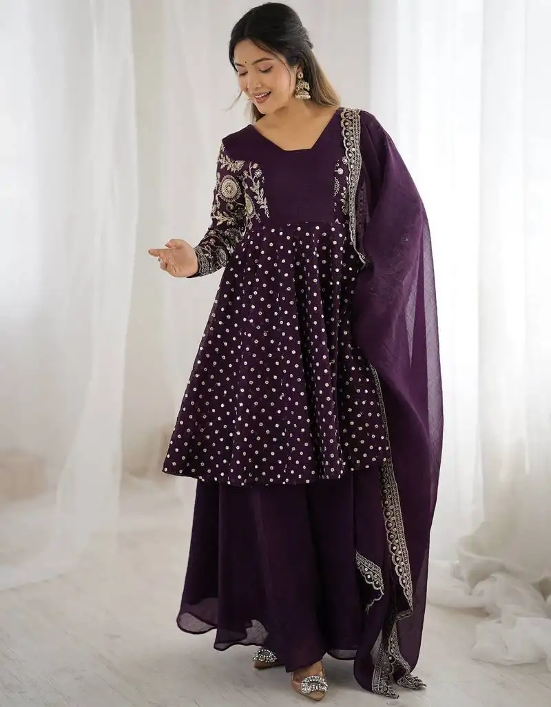 Violet color crunchy silk embroidery work wedding wear salwar suit stitched