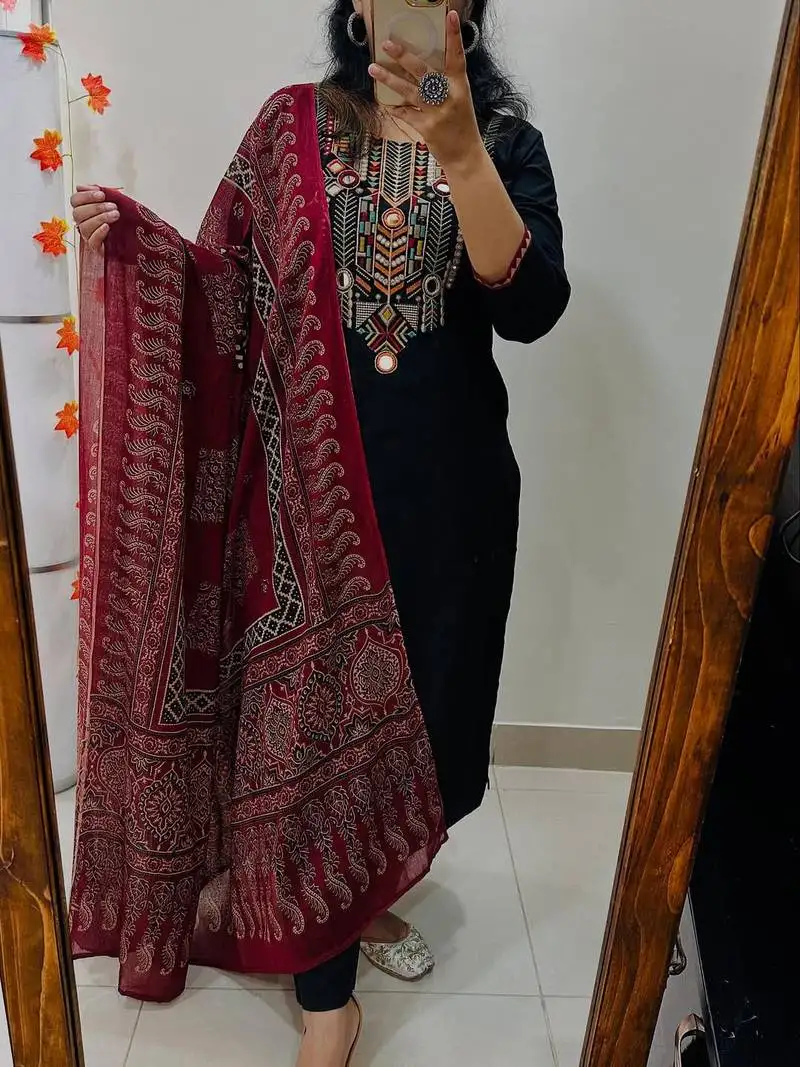 women pure cotton embroidered black kurta with pant and dupatta