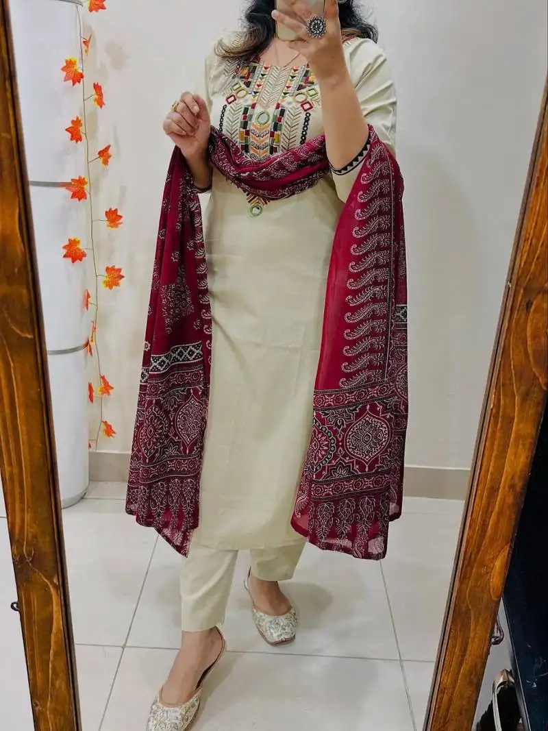 women pure cotton embroidered cream kurta with pant and dupatta